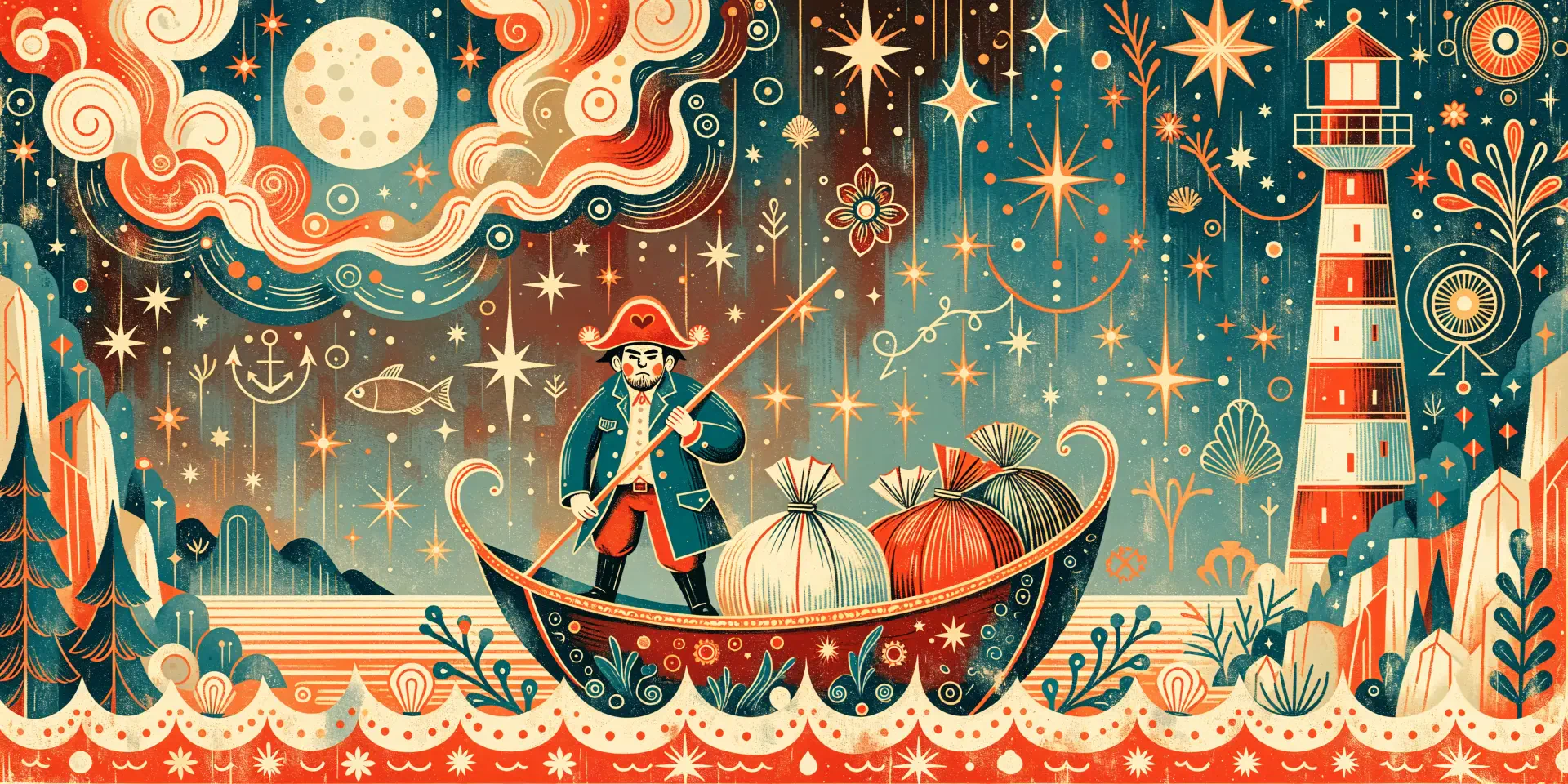 Whimsical smuggler sailing a decorated boat past a lighthouse beneath a starry sky, 4K Ultra HD desktop wallpaper background.