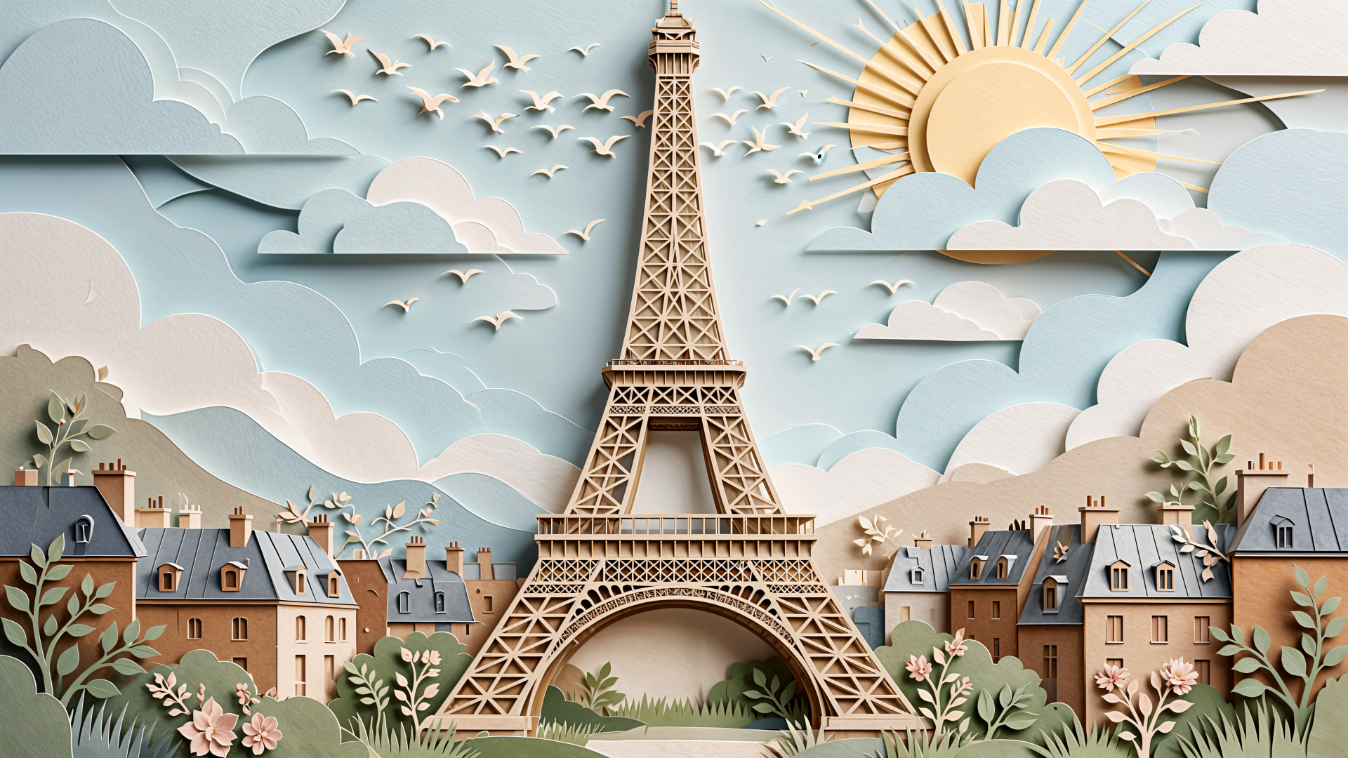 Whimsical Eiffel Tower in Paris with pastel rooftops and a sunlit sky, 4K Ultra HD PC desktop wallpaper and background.