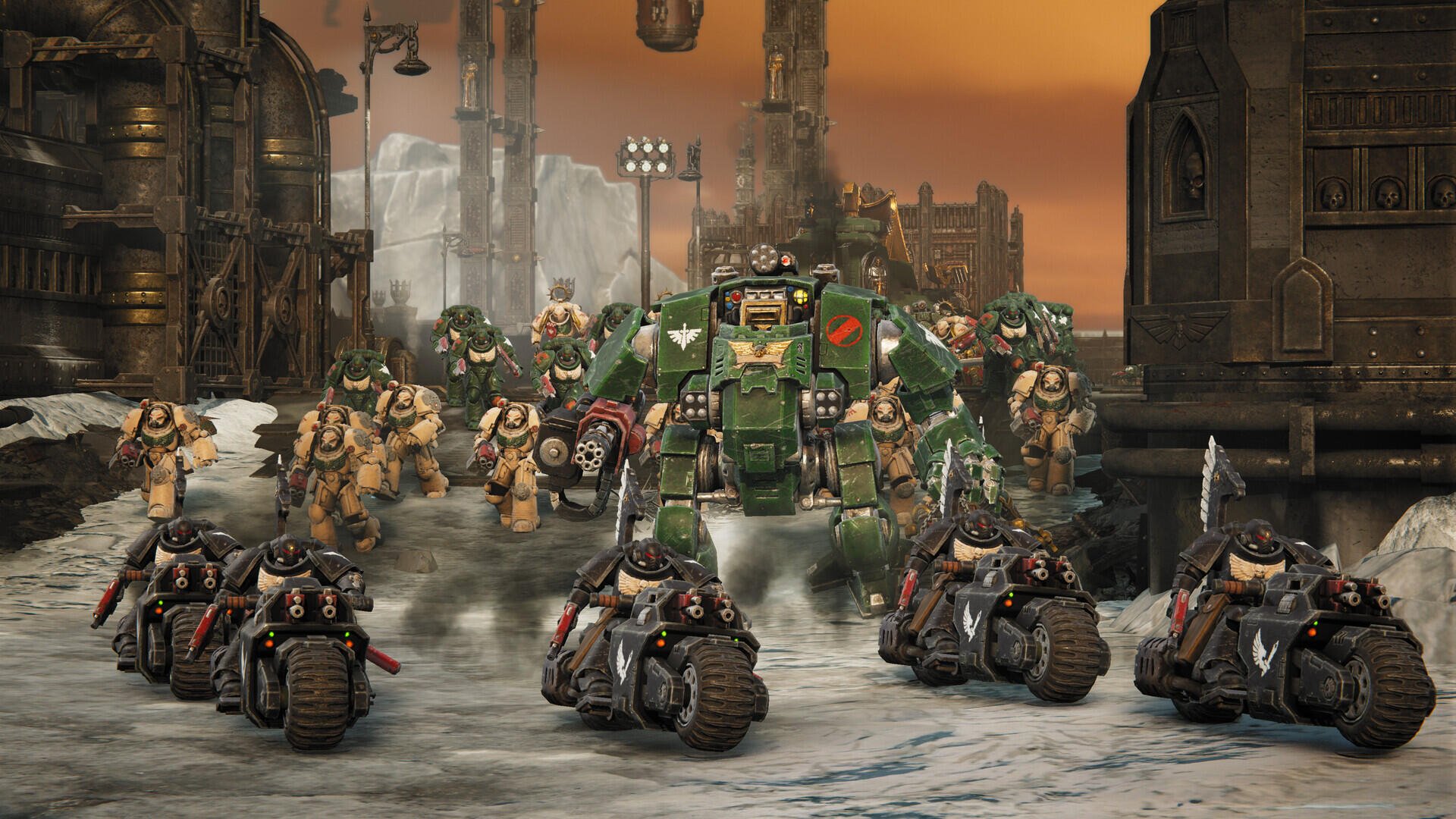Warhammer 40,000: Dawn of War IV HD PC wallpaper showing green-armored Space Marines advancing on bikes through a smoke-filled industrial battlefield.