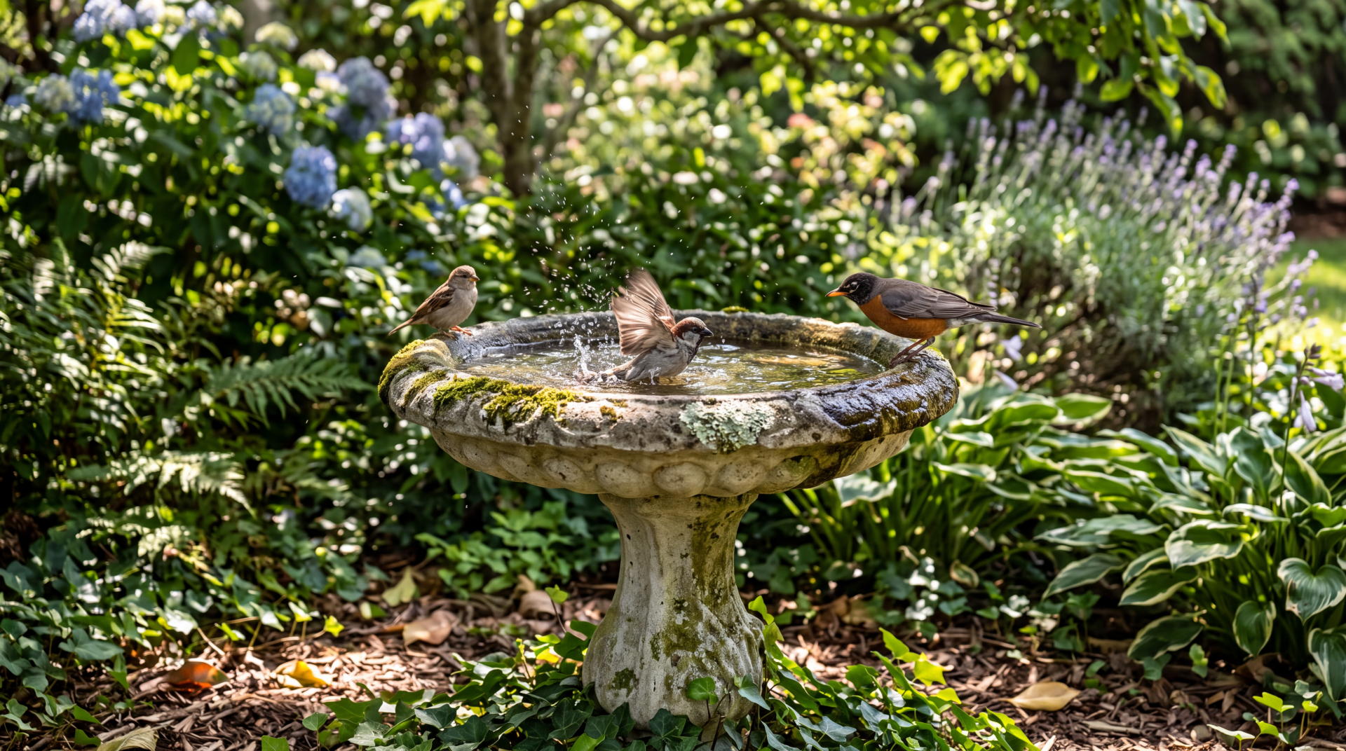 Birds bathing at a stone birdbath in a lush garden, 5K Ultra HD PC desktop wallpaper background.