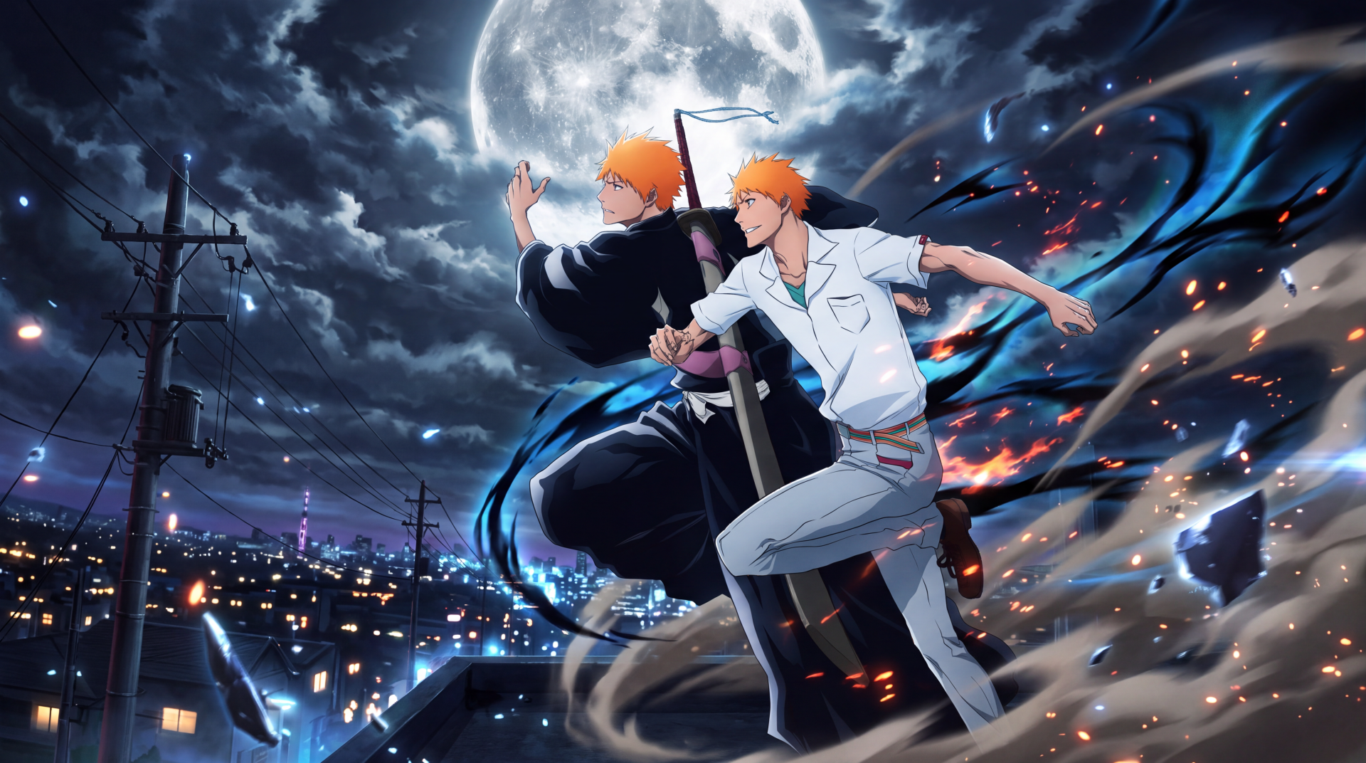 5K Ultra HD Bleach: Thousand-Year Blood War desktop wallpaper of Ichigo Kurosaki beneath a full moon over a glowing city.