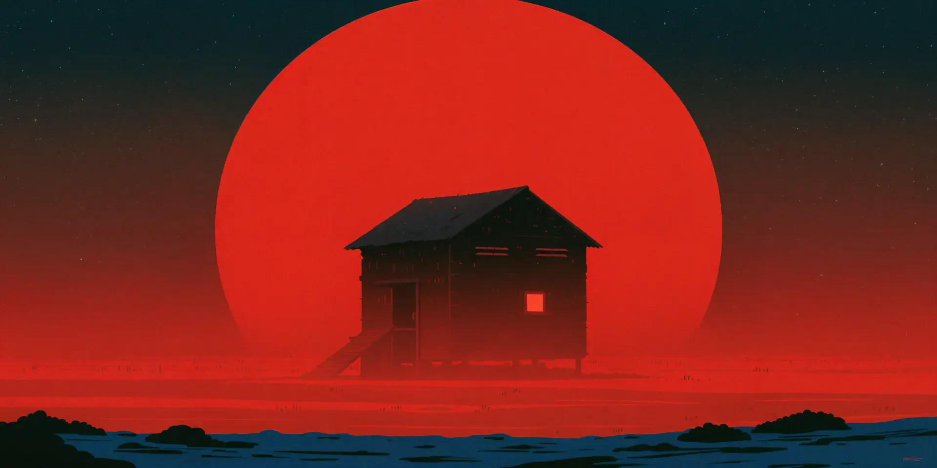 Silhouette of a chicken coop house beneath a giant red sun on a dramatic landscape, 4K Ultra HD desktop wallpaper.