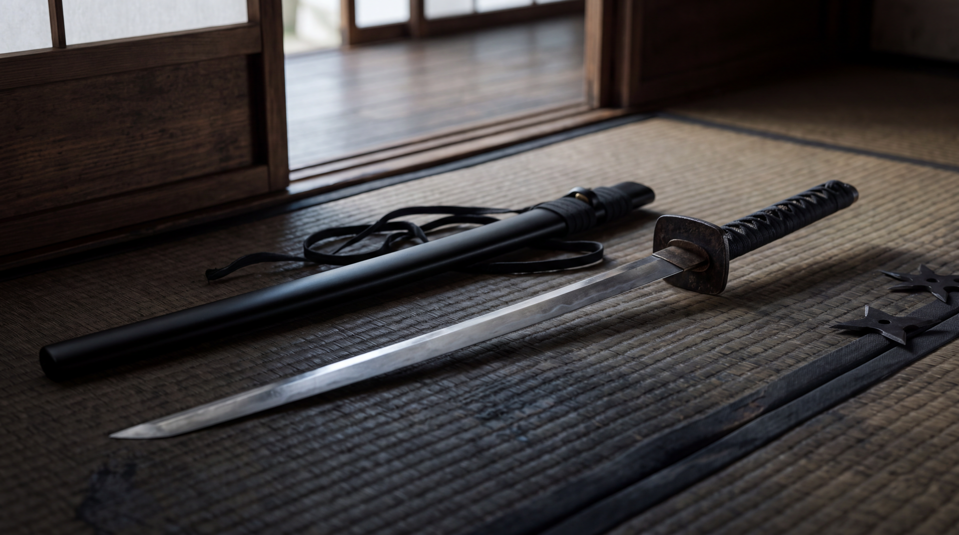 Katana sword and black scabbard on a traditional Japanese floor, featured in a 5K Ultra HD PC desktop wallpaper and background.