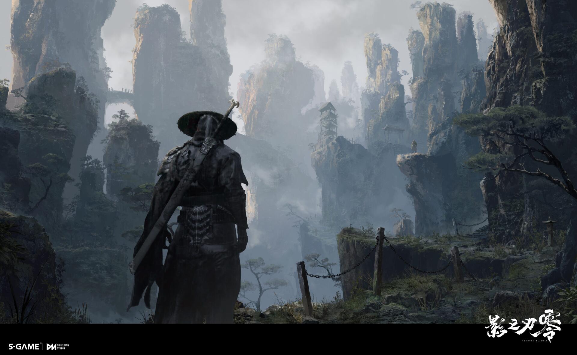 Phantom Blade Zero warrior overlooking misty mountain peaks, 5K Ultra HD PC desktop wallpaper and video game background.