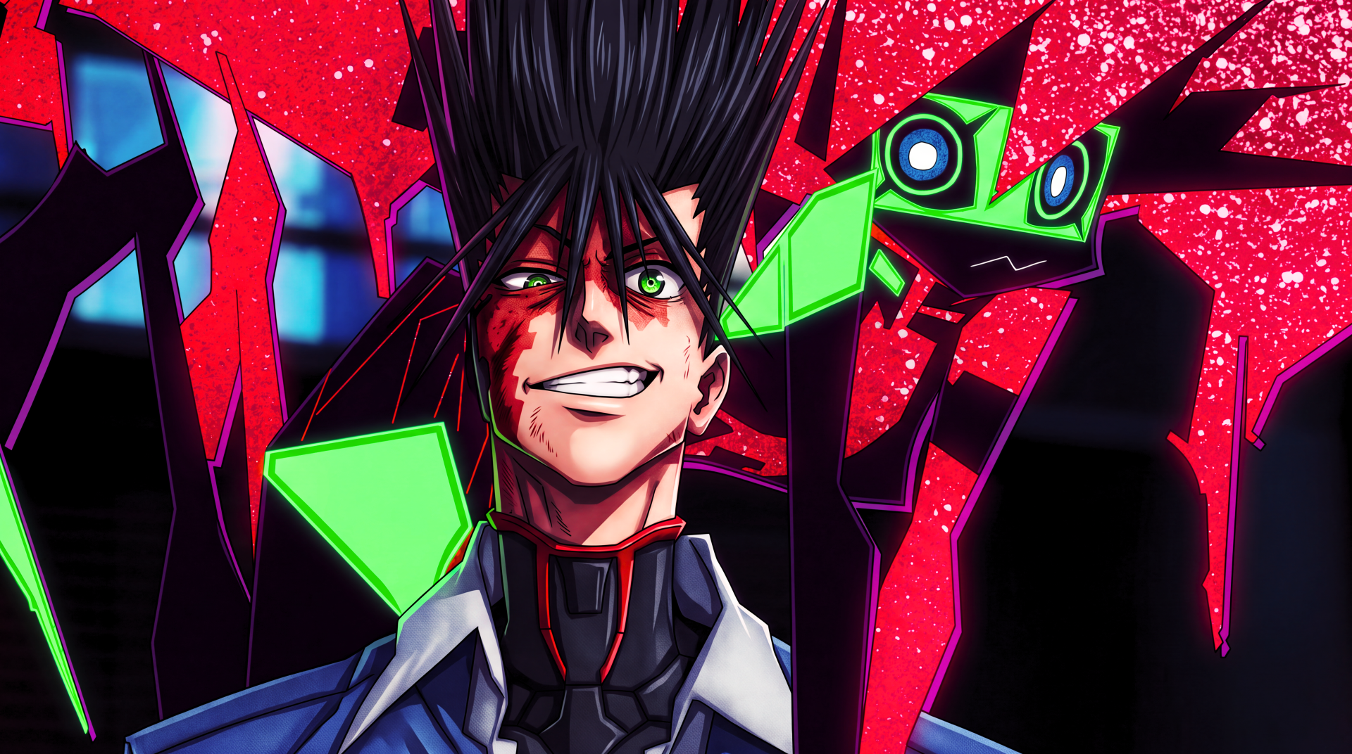 5K Ultra HD Cyberpunk: Edgerunners 2 desktop wallpaper featuring D and Capri in vivid anime cyberpunk art with neon-red shards and glowing green tech.