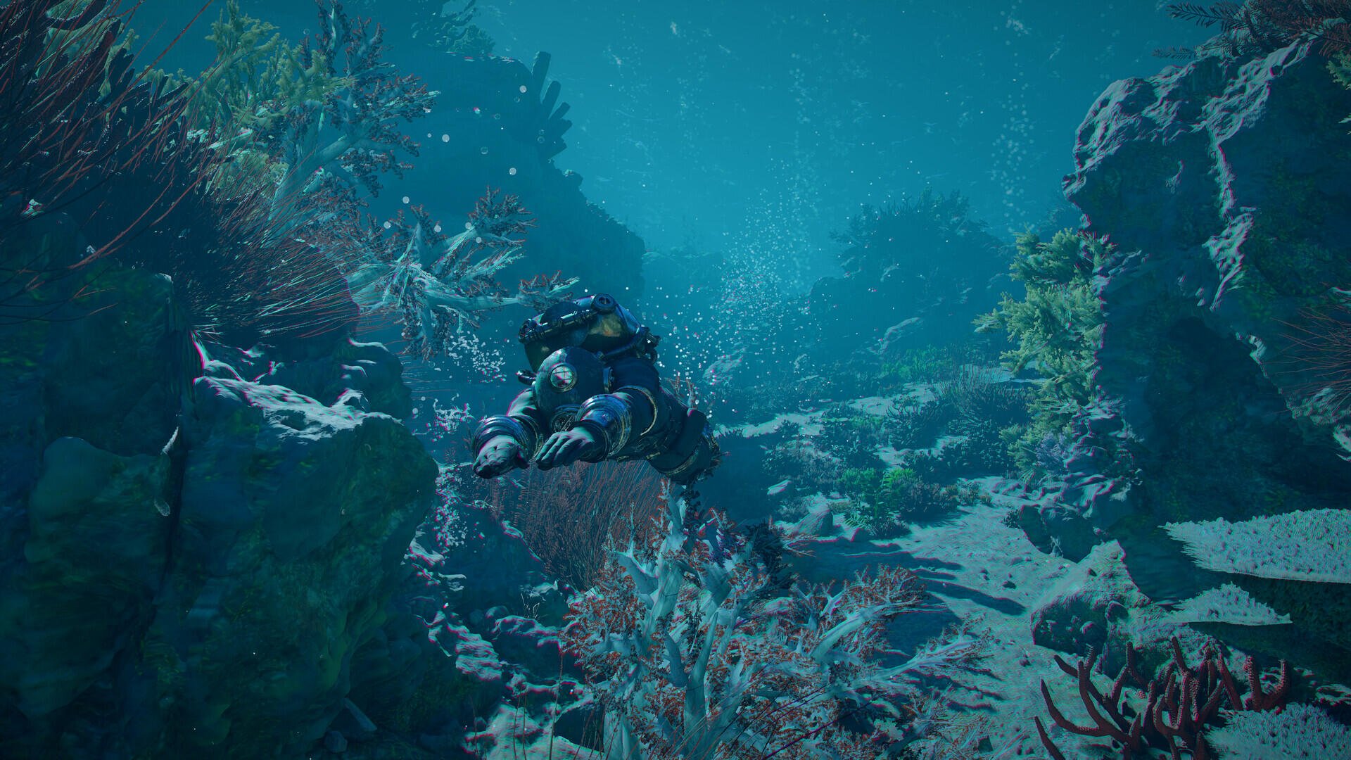 Crimson Desert HD PC desktop wallpaper of a scuba diver exploring a vivid underwater coral reef.