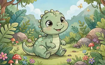 Cute baby dinosaur cartoon sitting in a sunny forest clearing with mushrooms and flowers — HD PC desktop wallpaper/background.
