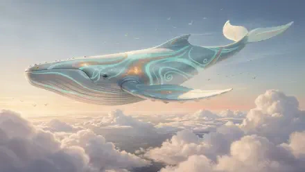 4K Ultra HD PC desktop wallpaper and background: an ethereal flying whale with glowing turquoise swirls gliding above sunlit pastel clouds.