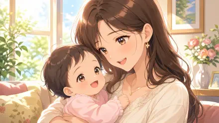 Mother and baby in a sunlit room, smiling as the mother cradles the laughing infant — 4K Ultra HD PC desktop wallpaper background.