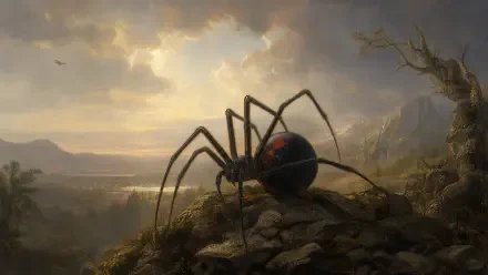 4K Ultra HD PC desktop wallpaper: a black widow spider with red hourglass perched on a rocky outcrop, overlooking a misty valley bathed in golden sunset light.