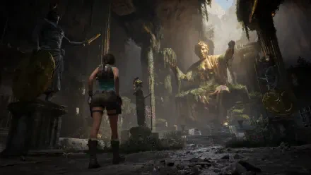 Video game hero Lara Croft from Tomb Raider: Legacy of Atlantis in a sunlit, overgrown Atlantean temple facing a colossal moss-covered statue — 4K Ultra HD PC desktop wallpaper.