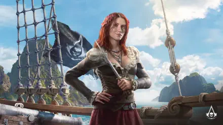 5K Ultra HD PC desktop wallpaper showing a red-haired pirate woman on a ship - video game art from Assassin's Creed Black Flag Resynced (Assassin's Creed), sails and ocean behind her.