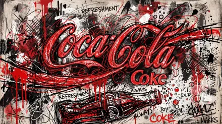 Vibrant graffiti-style Coca-Cola artwork in red, black and white with bold script logo, bottle sketch and graffiti text — 5K Ultra HD PC desktop wallpaper/background.