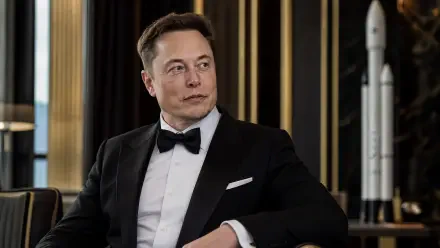4K Ultra HD PC desktop wallpaper and background: portrait of a man in a tuxedo seated beside a rocket model in an elegant, softly lit interior.