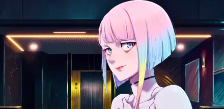 4K Ultra HD PC wallpaper of Lucy from Cyberpunk: Edgerunners — pastel bobbed anime waifu with piercing eyes against a neon-lit Cyberpunk 2077 city interior.