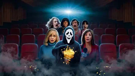 Scary Movie 6 HD PC desktop wallpaper/background: Ghostface holding popcorn in a foggy theater, shocked cast faces in empty seats under a cold blue spotlight.