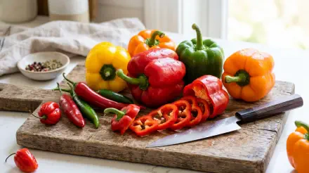 5K Ultra HD PC desktop wallpaper: colorful bell and chili peppers on a wooden cutting board, sliced red pepper and knife in a sunlit kitchen window.