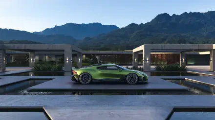 Green Bugatti Brouillard sports car on a reflective platform beside modern architecture and distant mountains — 5K Ultra HD PC desktop wallpaper/background.
