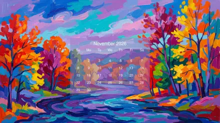 November 2026 calendar over a vibrant impressionist autumn landscape with colorful trees and a river — 5K Ultra HD PC desktop wallpaper and background.