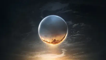 HD PC desktop wallpaper and background from the video game Destiny 2: the glowing Traveler sphere hovers over a sunlit horizon beneath brooding storm clouds.