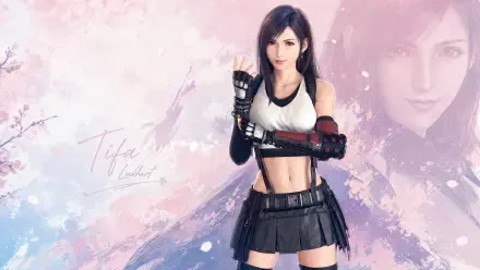 Tifa Lockhart in a 4K Ultra HD PC desktop wallpaper: confident pose, white tank and black skirt with gloves, soft pink-blue textured background with a faint portrait overlay.