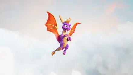 Purple dragon Spyro with a crown and orange wings soaring above soft clouds — 4K Ultra HD PC desktop wallpaper from the video game Spyro: A Realm Beyond.