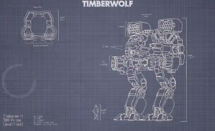 Blueprint-style digital painting illustration of a Timberwolf mech on a blue grid, artwork in landscape orientation — HD PC desktop wallpaper and background.