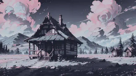 4K Ultra HD digital painting landscape illustration: a moody rural cabin with distant cottages beneath pink clouds and mountain peaks — digital art artwork PC desktop wallpaper background.
