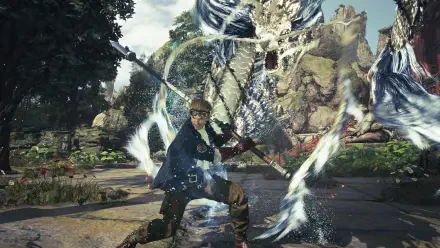 4K Ultra HD PC desktop wallpaper of Final Fantasy VII Revelation: protagonist brandishing a glowing sword amid swirling water-like magic in a rocky, verdant battlefield - video game scene.