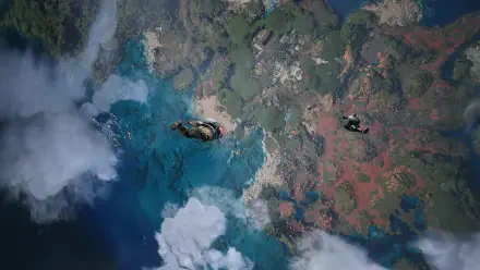 4K Ultra HD PC desktop wallpaper: Final Fantasy VII Revelation video game aerial shot of characters gliding over vivid coastlines and cloud-filled skies.