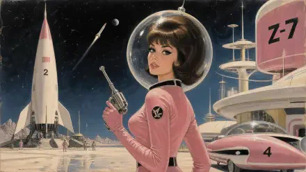 Girly 4K Ultra HD PC desktop wallpaper/background — retro-futuristic illustration of a woman in a pink spacesuit with a bubble helmet and raygun on a lunar cityscape with rockets and domes.