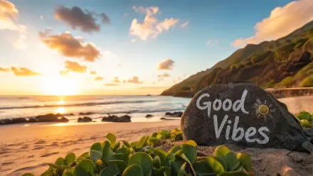 Coastal aesthetic - golden-hour beach with Good Vibes painted on a rock, waves, cliffs and green foreground. 4K Ultra HD PC desktop wallpaper and background.