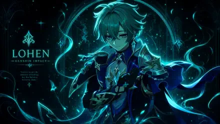 Lohen (Genshin Impact) in teal-blue magical aura, framed by glowing runes and swirling particles — detailed 4K Ultra HD PC desktop wallpaper.