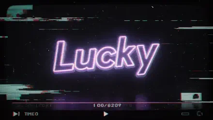 Neon Lucky text in purple-glitch style on a dark starry field with VHS scanlines and distortion — 4K Ultra HD PC desktop wallpaper/background with retro cyberpunk vibe.