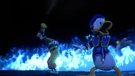 Kingdom Hearts IV 4K Ultra HD PC wallpaper: Donald Duck and Goofy recoil as blue spectral flames surge across a dark battlefield.