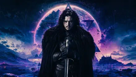 Brooding medieval warrior in a black fur cloak holding a sword before a glowing purple moon and distant fortress — 4K Ultra HD PC desktop wallpaper.