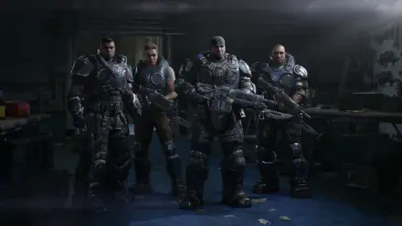 HD PC desktop wallpaper of the Gears of War video game — four heavy‑armored soldiers from Gears of War: E-Day stand armed in a dim shelter, ready for battle.