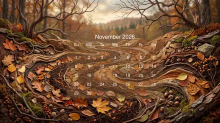 5K Ultra HD PC desktop wallpaper: November 2026 calendar over a detailed autumn forest floor of roots, fallen leaves and acorns, warm golden light and distant misty trees.