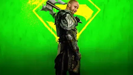 Promotional 5K Ultra HD PC desktop wallpaper for Supergirl (2026): armored figure in dark armor stands against a neon green background featuring a yellow Supergirl-style emblem.