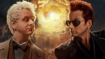 Good Omens 4K Ultra HD PC desktop wallpaper and background: angelic figure in cream facing a sunglasses-wearing dark counterpart beneath a swirling golden sky.