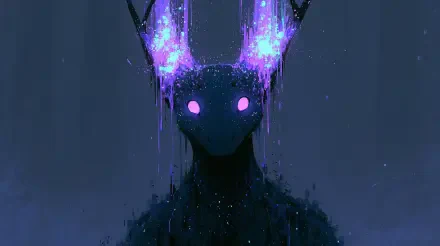 Fantasy creature with glowing purple eyes and horn-like luminescence, dripping stardust against a dark blue void — 2K Quad HD PC desktop wallpaper and background.