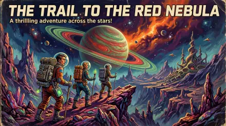 5K Ultra HD PC desktop wallpaper and background: three space-suited hikers stand on a jagged alien ridge gazing at a red-ringed planet and swirling nebula beneath a vivid cosmic sky.