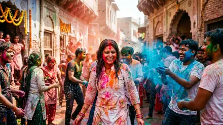 Vibrant Holi celebration: smiling woman and crowds in a narrow street showered with colorful powders — 5K Ultra HD PC desktop wallpaper and background.