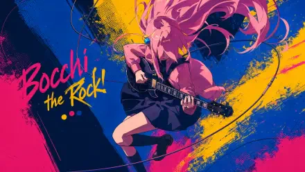 Bocchi the Rock! anime 4K Ultra HD PC desktop wallpaper of a pink‑haired guitarist mid-jump, playing an electric guitar against a bold blue, yellow and magenta paint-splash background.