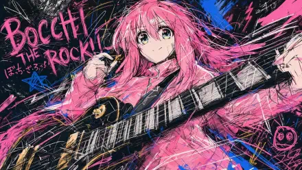 Bocchi the Rock! — pink‑haired guitarist in dynamic sketch art, electric guitar and energetic neon strokes; 4K Ultra HD PC desktop wallpaper and background.
