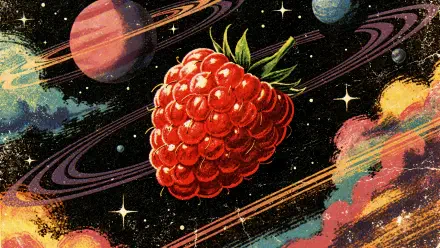 Vibrant retro-style illustration of a giant raspberry drifting among ringed planets and colorful nebulae — 4K Ultra HD PC desktop wallpaper and background.