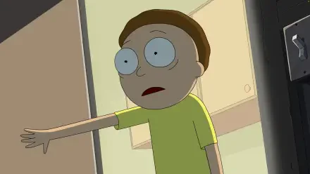 Rick and Morty TV show Season 9 HD PC wallpaper: Morty at a doorway, arm outstretched, wide-eyed.