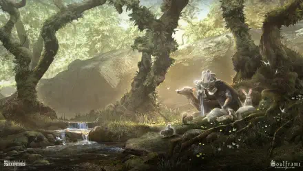 Soulframe video game 4K Ultra HD PC wallpaper: an armored figure kneels beside a sunlit forest stream, surrounded by rabbits and mossy, ancient trees.