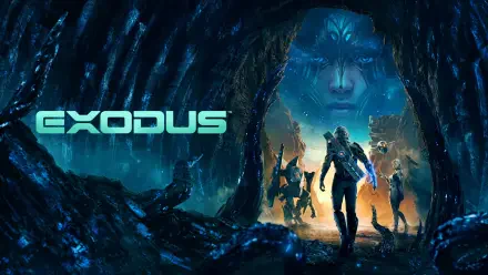 4K Ultra HD PC desktop wallpaper for the video game Exodus (2027): armored protagonist and allies emerge from a glowing cavern toward a giant spectral face in a blue sci‑fi landscape.