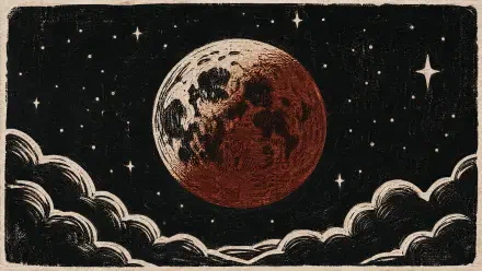4K Ultra HD PC desktop wallpaper and background: stylized blood-red lunar eclipse over vintage clouds against a starry black sky.